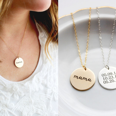 7/8" Engraved Disc Necklace - Personalized Gift for Mom, Disc Necklace, Date Necklace, Personalized Gift for Her, Wedding Initial Date Gift