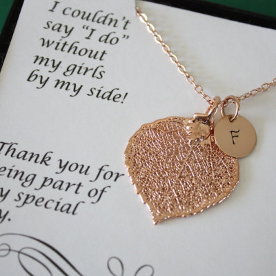 8 Personalized Bridesmaid Necklace Rose Gold Leaf, Bridesmaid Gifts, Real Leaf, Initial Rose Gold Plated Charm, Bridesmaid Jewelry, Wedding