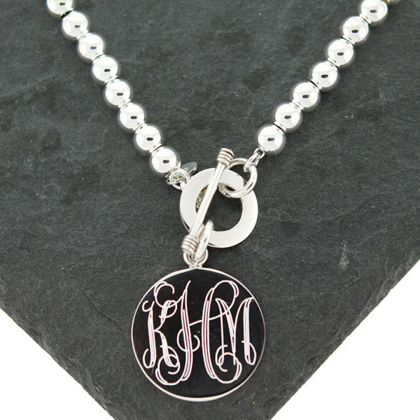 925 Sterling Silver Chunky Bead Monogram Necklace, 6mm Bead Necklace, Toggle Monogram Necklace