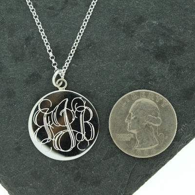 925 Sterling Silver Large Round Circle Monogram Disc Necklace, Monogrammed Disc Necklace