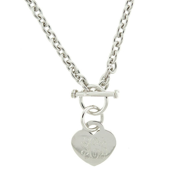 925 Sterling Silver Rhodium Heart Tag Toggle Monogram Necklace, Link Necklace, Personalized Necklace, ID Necklace
