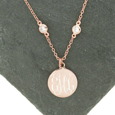 925 Sterling Silver Rose Gold Diamonds by the Yard CZ Monogram Necklace, CZ Chain Monogram Necklace, Rose Gold