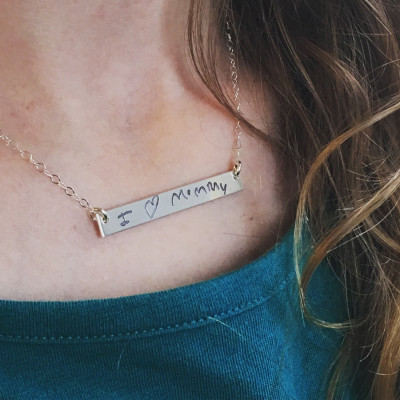 Actual Handwriting Bar Necklace, Signature Bar Necklace, Sterling Silver, Rose Gold Plated, yellow Gold Plated, bar necklace with kids