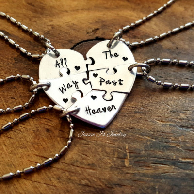 All The Way Past Heaven Five Piece Puzzle Heart Necklace Set, Handstamped 5 Split Heart Necklaces, Sisters/Best Friends Set, Family Jewelry