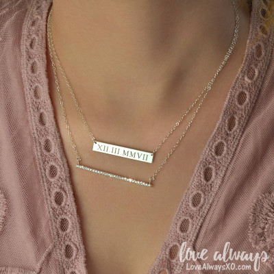 Anniversary Gift, Roman Numeral Necklace Set, Diamond Bar Necklace, Personalized Bar Necklace, Gold Bar Necklace, Wedding date LA104 + LA140