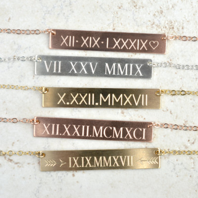 Anniversary Gift, Roman Numeral Necklace Set, Diamond Bar Necklace, Personalized Bar Necklace, Gold Bar Necklace, Wedding date LA104 + LA140