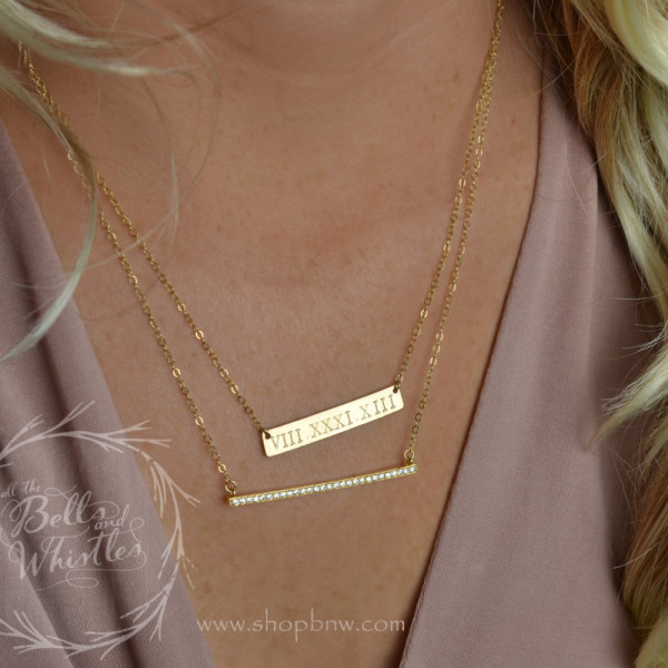 Anniversary Gift, Roman Numeral Necklace Set, Diamond Bar Necklace, Personalized Bar Necklace, Gold Bar Necklace, Wedding date LA104 + LA140