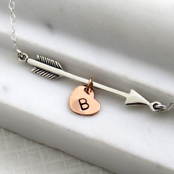 Arrow Necklace • Heart with Initial • Arrow Charm • Arrow Jewelry • Personalized Necklace • Hand Stamped • Layering Necklace