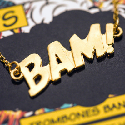 BAM Letters Necklace Large 18ct Gold Vermeil. The Pop Art Collection. Designer comic jewelry hallmarked in Dublin Castle, Ireland.