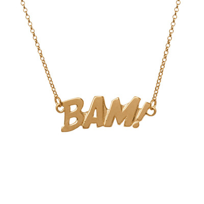 BAM Letters Necklace Large 18ct Gold Vermeil. The Pop Art Collection. Designer comic jewelry hallmarked in Dublin Castle, Ireland.