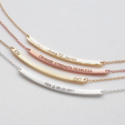 Bar Necklace, Personalized Engraved Name Plate Necklace, Custom Name Bar, Family Name Jewellery - Medium Skinny Curve Bar Necklace #D3.40C