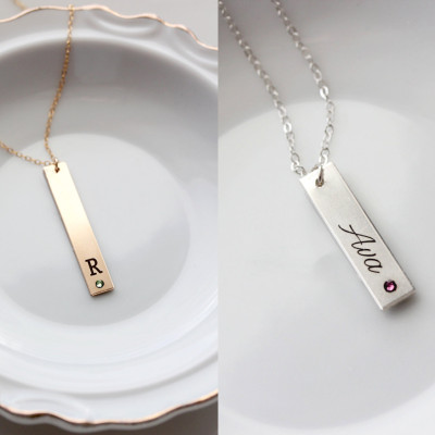 Birthstone Necklace - Thick Engraved Vertical Birthstone Necklace, Gift for Her Birthstone Necklace Initial Necklace Custom Bridesmaid Gift