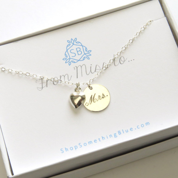 Bridal Shower Gift • Engraved Mrs. Necklace • Just Married • Heart Charm • New Bride • Honeymoon Gift For Bride • Layering Necklace