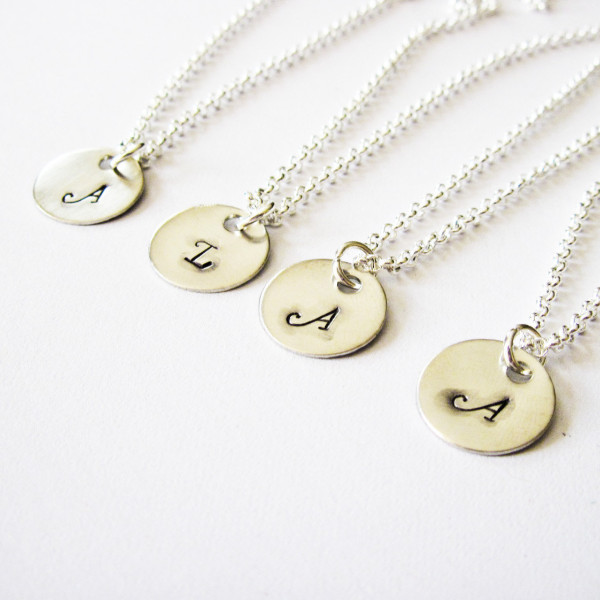 Bridesmaid Gift Set of 4, Silver Initial, Bridesmaid Initial Necklaces, Personalized necklace, set of four, handstamped initial hand stamped