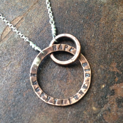 Bronze Custom Entwined Circles Necklace with Hand Stamped Message 8th & 19th Anniversary Gift Infinity Necklace Bronze Jewelry PERSONALIZED