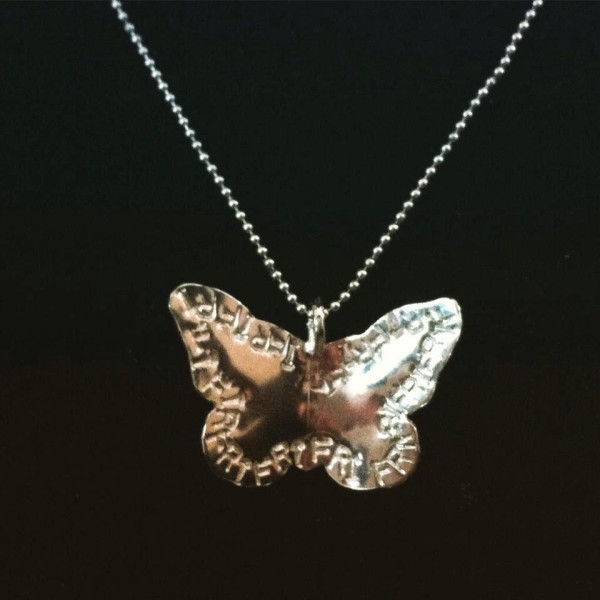 Butterfly, necklace, Sterling silver, silver, inscription, unique, chain, word, name, inspire, handmade, personal, Joanna Michie