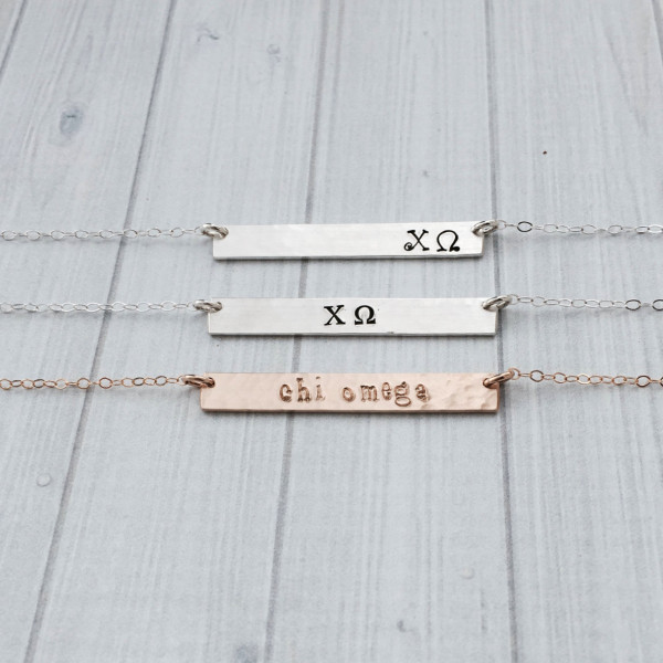 CHI OMEGA Necklace - Chi Omega Jewelry - Sorority Bar Necklace - Hand Stamped Sorority Jewelry - Sorority Jewelry - Sorority Necklace