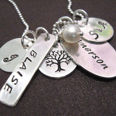 Charmed Tree Necklace - personalized necklace - family necklace - hand stamped charm necklace - Mothers Jewelry - Grandmothers Necklace