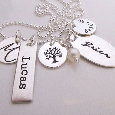 Charmed Tree Necklace - personalized necklace - family necklace - hand stamped charm necklace - Mothers Jewelry - Grandmothers Necklace