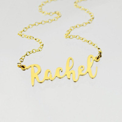 Classic Name Necklace, Gold Rachel Necklace, Custom Gold Name Plate Necklace, Personalized Name Necklace, Cut Name Necklace, Script Name