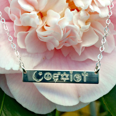 Coexist Necklace - Sterling Silver or 18k Gold Plated Engraved Horizontal Bar, Spiritual Jewelry
