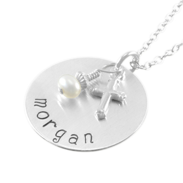 Confirmation Necklace, Hand Stamped Name little girls gifts, pearl, name pendant, personalize necklaces, goddaughter, niece, birthday MORGAN