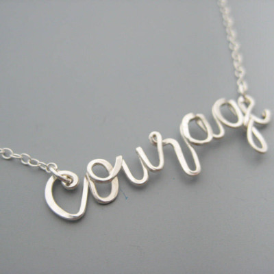 Courage Necklace - spiritual choker, inspirational jewelry, cursive word on delicate sterling silver chain