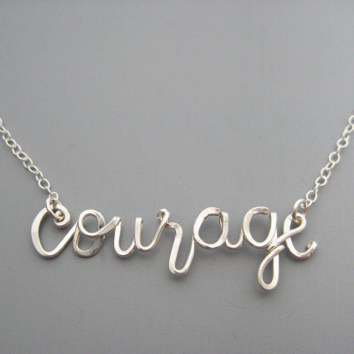 Courage Necklace - spiritual choker, inspirational jewelry, cursive word on delicate sterling silver chain