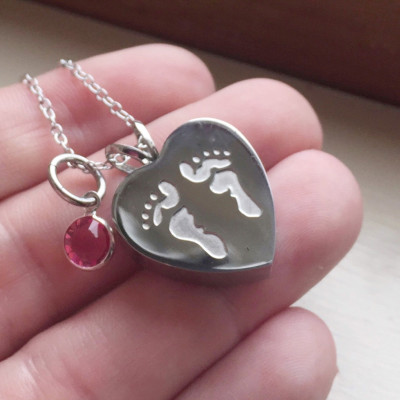 Cremation Urn Infant Loss Remembrance Memorial Necklace Birthstone Baby Footprint Necklace Cremains Double Sided Pendant