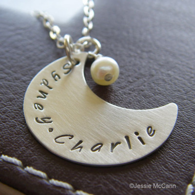 Crescent Moon Charm Necklace - Personalized Sterling Silver Hand Stamped Jewelry - Custom Pendant with Optional Birthstone or Pearl