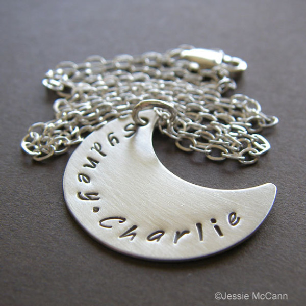 Crescent Moon Charm Necklace - Personalized Sterling Silver Hand Stamped Jewelry - Custom Pendant with Optional Birthstone or Pearl