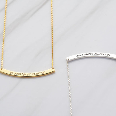 Curved bar coordinates necklace • Silver latitude longitude necklace • Going away gifts for co-workers • Farewell gifts for bossCCN08