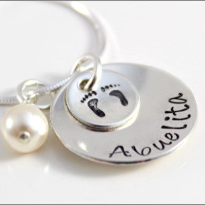 Custom Abuelita Necklace | Sterling Silver Baby Feet Necklace, Gift for Abuelita, Nana, Mima, Yaya, or Grandma
