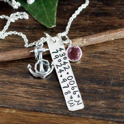 Custom Coordinate Jewelry, Location Necklace, Latitude Longitude Necklace, Coordinate Necklace, Beach Wedding, Anchor Necklace, Nautical