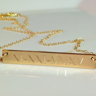 Custom Engraved Necklace - Gold Bar Necklace - Word Sentence Quote - Gold Roman Numeral - Date Personalized necklace - Nameplate Horizontal