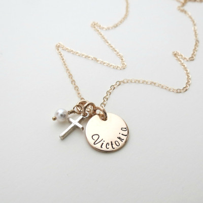 Custom Girls Cross Necklace - Personalized Gold Necklace - First Communion Gift - Daughter - Baptism Gift - Godmother - Name - Faith