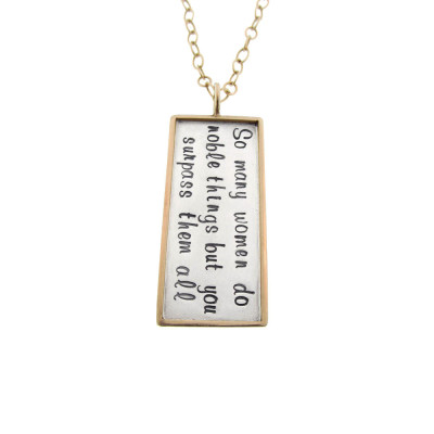 Custom Necklace Hand Stamped Noble Woman Proverbs 31:29 18k Rimmed Rectangle Charm Personalized Jewelry Mixed Metal Jewelry