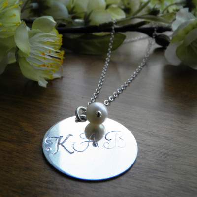 Customized Silver Necklace with Pearl - Hand Stamped, Personalized, bridesmaid gift, 7/8"