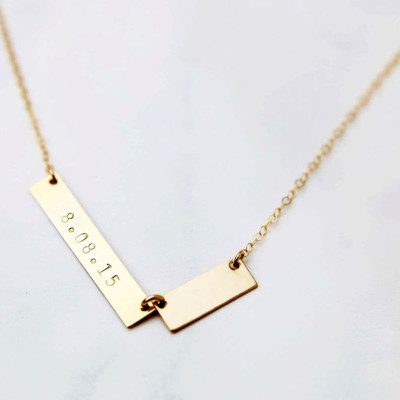 Customized hand stamped two unbalanced bar / Personalized name plate necklace in Gold Plated Sterling silver, Christmas gift for her