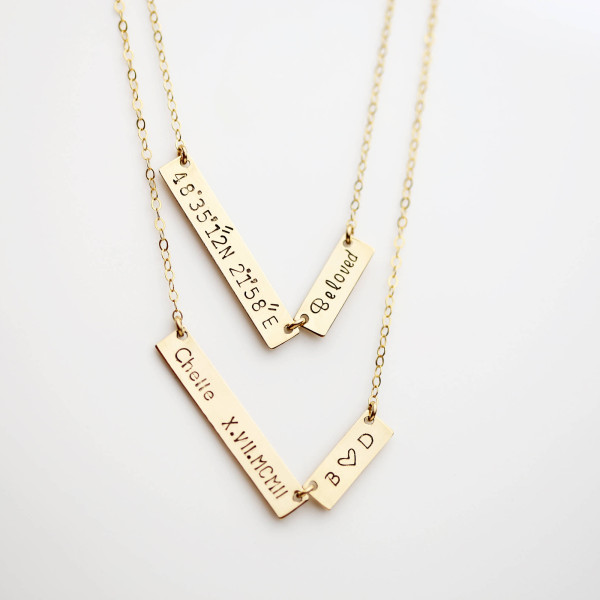 Customized hand stamped two unbalanced bar / Personalized name plate necklace in Gold Plated Sterling silver, Christmas gift for her