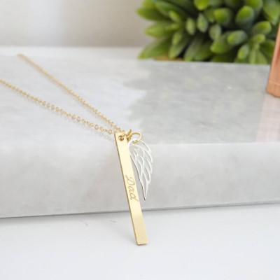 Dad necklace, Dad memorial necklace, Angel wing necklace, dad loss jewelry, keepsake jewelry, sympathy gift Personalized name bar necklace