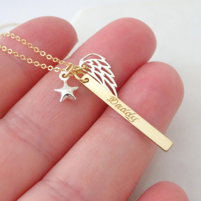 Daddy necklace Dad memorial necklace, Angel wing necklace, Star necklace, dad loss keepsake jewelry, sympathy gift Personalized bar necklace