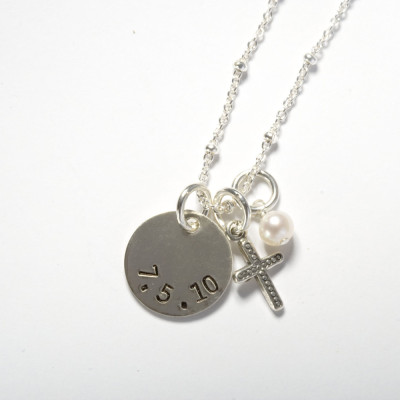 Date and Cross, Date Necklace, Baptism Date, Confirmation Date, First Communion Date, Gift for Baptism, Gift for Confirmation, Communion