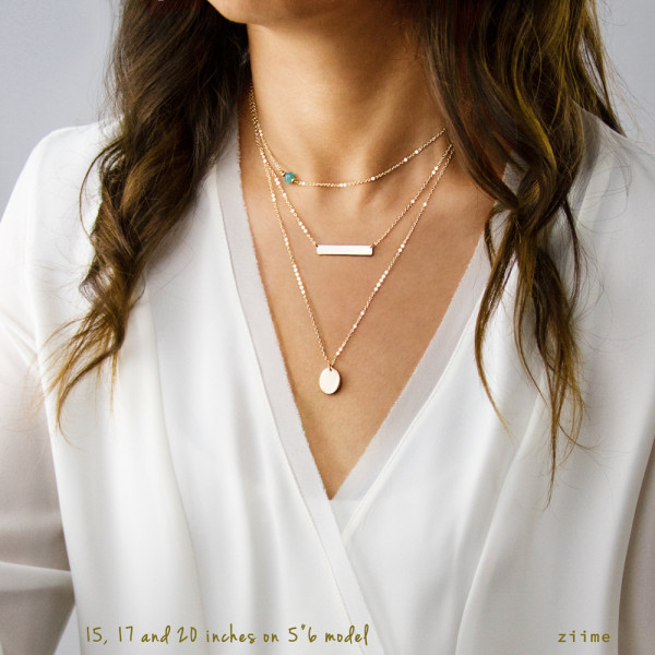 Delicate Layered Necklaces, Personalized Set, Gold Bar Necklace, Silver Disc Necklace, Sterling Silver, Rose Gold, Gold Plated GcB530hD13