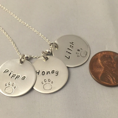 Dog Lover's Necklace with Dogs' Names - Personalized Sterling Silver - Dog Paw - Three Discs