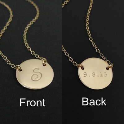 Double Sided Initial Necklace - 5/8" 18k gold-plated Disc - Celebrity Style initial necklace with date on the back