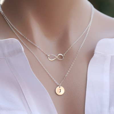 Double layer initial necklace,personalized sideways infinity necklace,hand stamped,custom font monogram,Bridesmaid gifts,custom message card