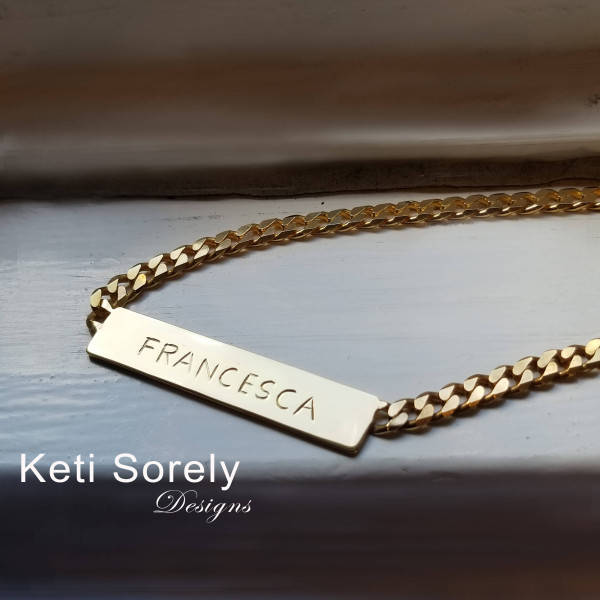 Engrave This Bar Necklace with Your Name, Date or Word. Sterling Silver, Yellow Gold or Rose Gold, Large Curb Chain Necklace, Man or Woman