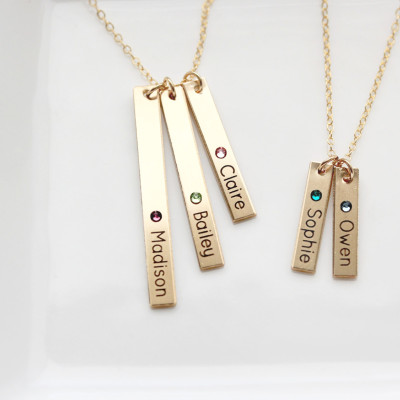 Engraved Birthstone Bar Necklace - Personalized Gift For Mom, Custom Necklace Gift Engraved Personalized Gift Child Names Initials Necklace
