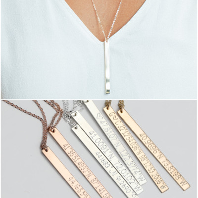 Engraved Coordinates Bar Necklace, Long Skinny Bar Necklace, Graduation Gift, Personalized Name Plate, Bridesmaid Necklace